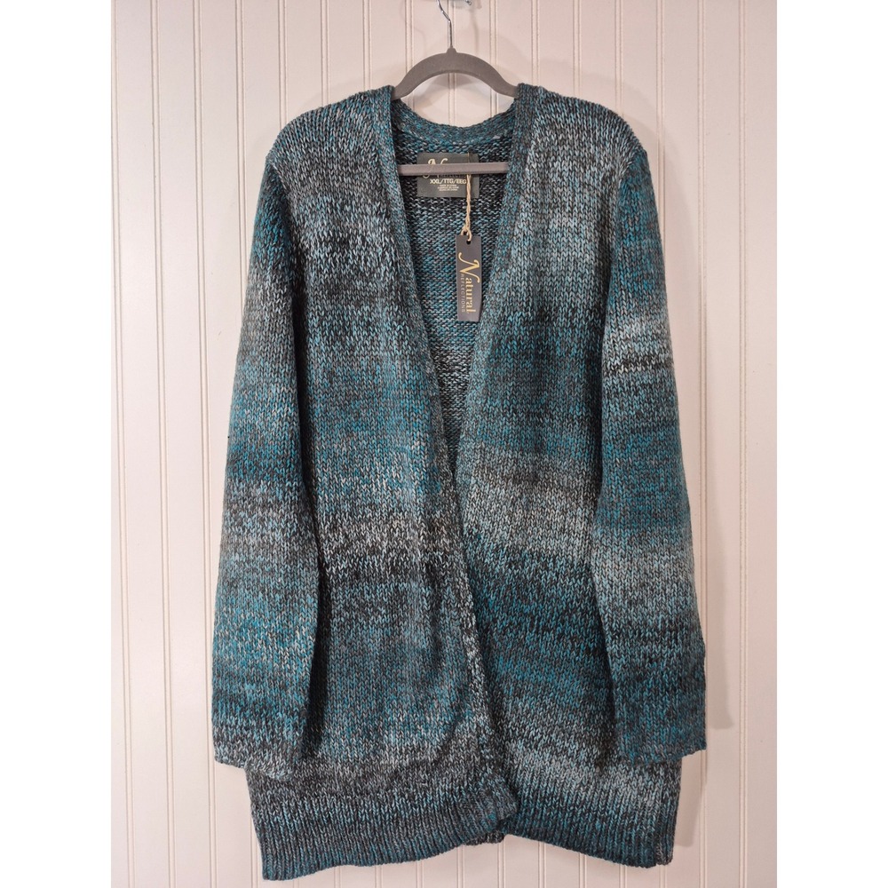 NWT Natural Reflections Teal Grey Space Dye Open Front Cardigan Sweater XXL